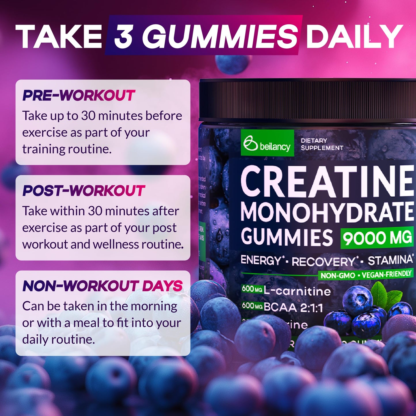 Creatine Monohydrate Gummies Complex 9000 MG for Men & Women, Easy-to-Take Creatine Monohydrate Supplement for Muscle Growth, Strength & Energy Support, Pre Workout Gummies 120 Count per Bottle