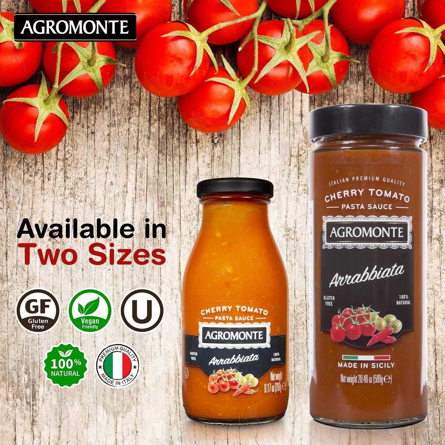 Agromonte Authentic Italian Cherry Tomato Pasta Sauce Arrabbiata Taste of Italy Gourmet Foodie and Chef Gift Certified Kosher GlutenFree All Natural Spicy Sauce 2046oz 2 pack