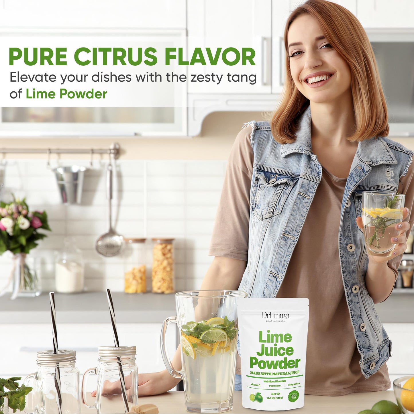 DrEmma Lime Juice Powder Organic Limes Hand Picked Energy Water Enhancer Food Beverages Cooking Baking Cocktails Vitamins Electrolytes Hydration Dehydrated Zesty Lime Flavor 106 Oz