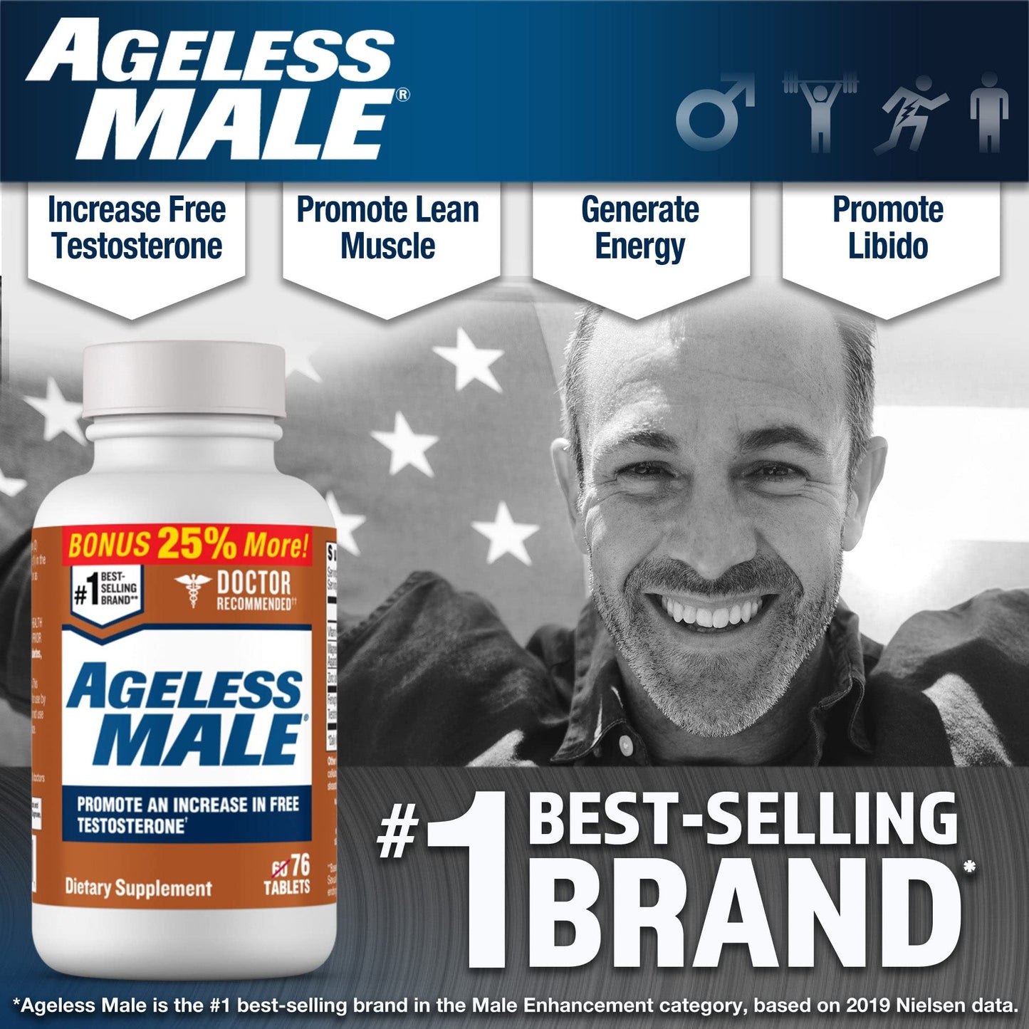 Ageless Male Free Testosterone Booster Supplement for Men, 76 Tablets