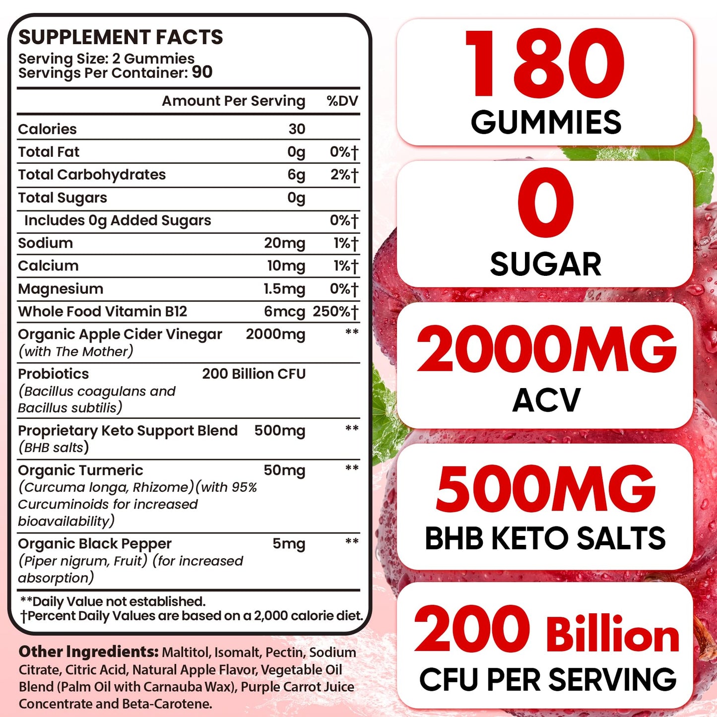 Apple Cider Vinegar Gummies, Advanced ACV Gummy with Probiotics, BHB, B12 and Keto Support - Keto Acv Gummies for Detox, Metabolism, Digestion, Gut & Immune Health - Sugar Free, Vegan, 180 Counts