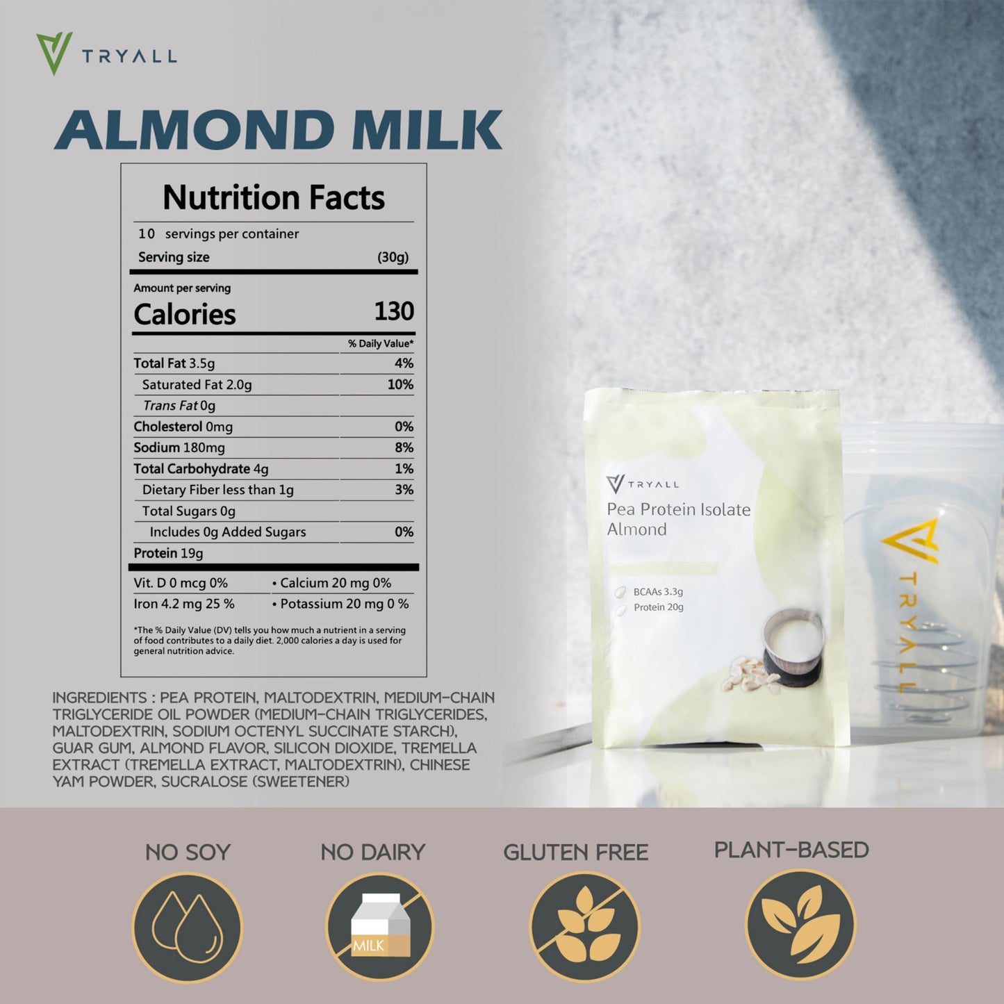 TRYALL Plant Based Pea Protein Powder Isolate (20g of Protein) Travel Sachets (Almond Milk, 10 Packs)