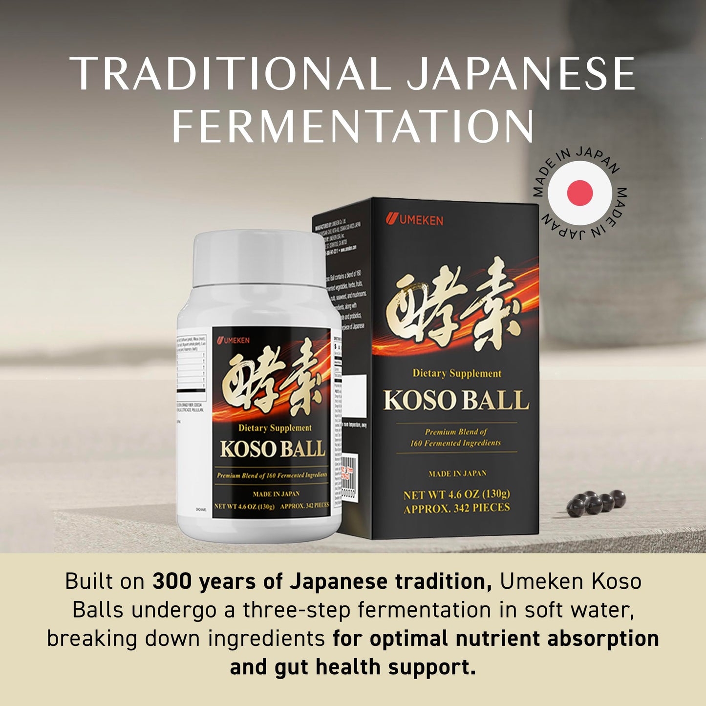 Koso Ball Infused with Pure 160 Fermented Ingredients, Supports Stomach & Intestine Health, Immune Health, Japanese Supplements for Overall Wellness & Balanced Nutrition, Small 342 Pieces, Pack of 2