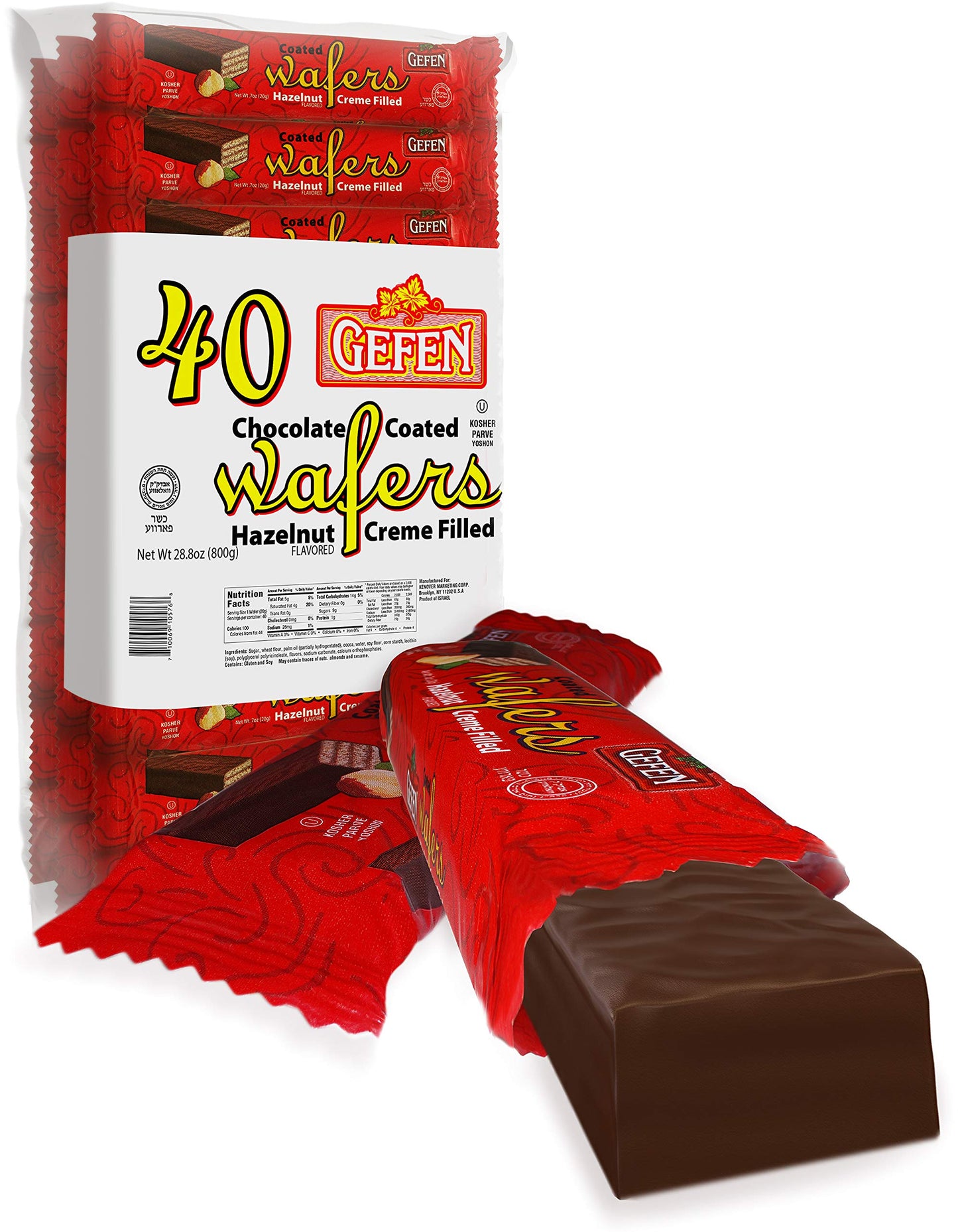 Gefen 40 Pack Individually Wrapped Dairy Free Chocolate Coated Wafers Filled with Delicious Hazelnut Flavored Cream Kosher Lunch Box Friendly