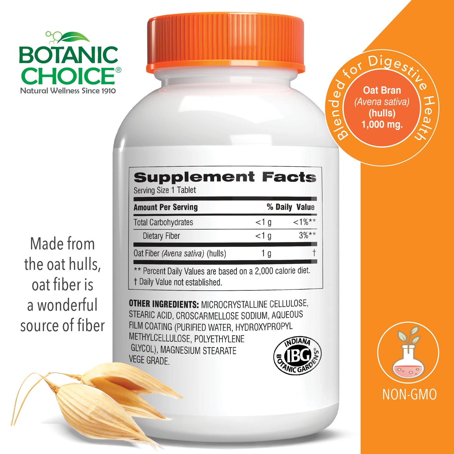 Botanic Choice Oat Fiber - Natural Dietary Supplement for Digestive Health - Women and Men - 90 Tablets (1000mg)