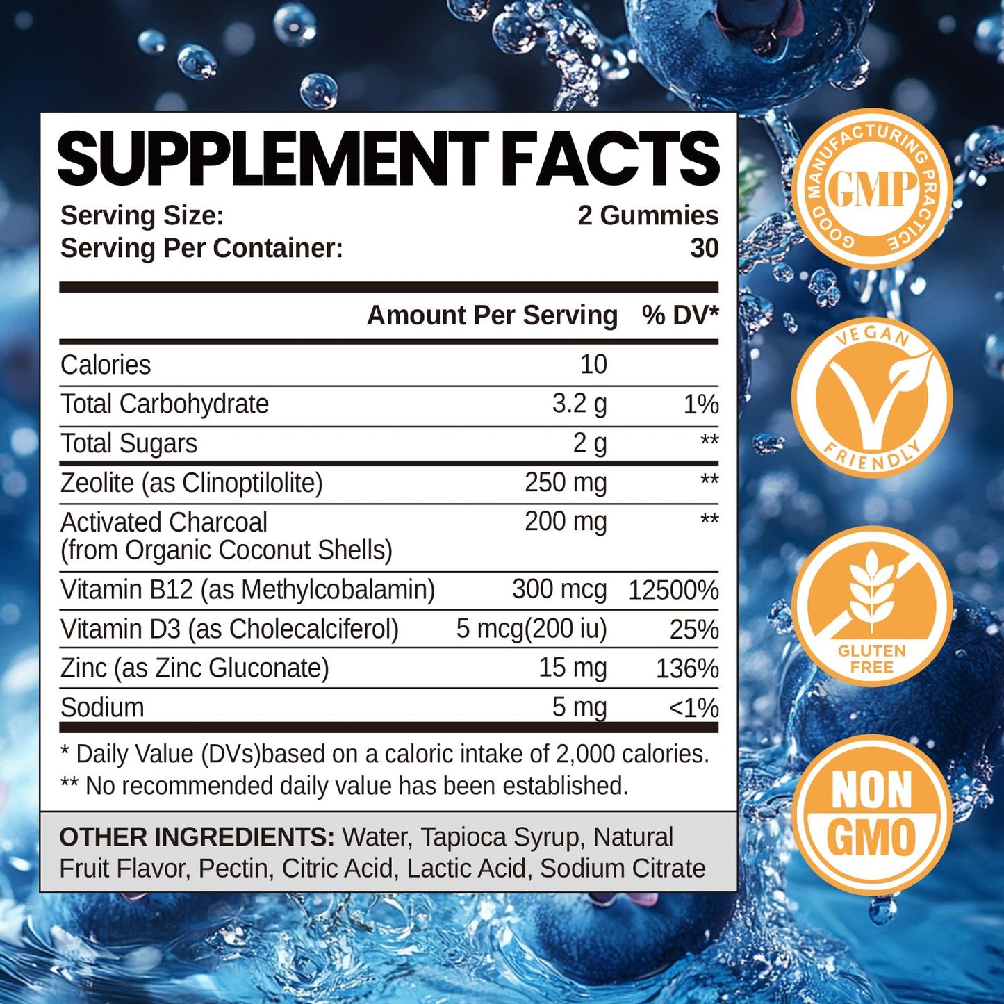 Zeolite Detox Gummies with Activated Charcoal, Clinoptilolite Zeolite with Vitamin B12 & D3 for Kids & Adults, Chewable Zeolite Supplement for Gut Health& Immune Support, Blueberry Flavor, 60 Ct