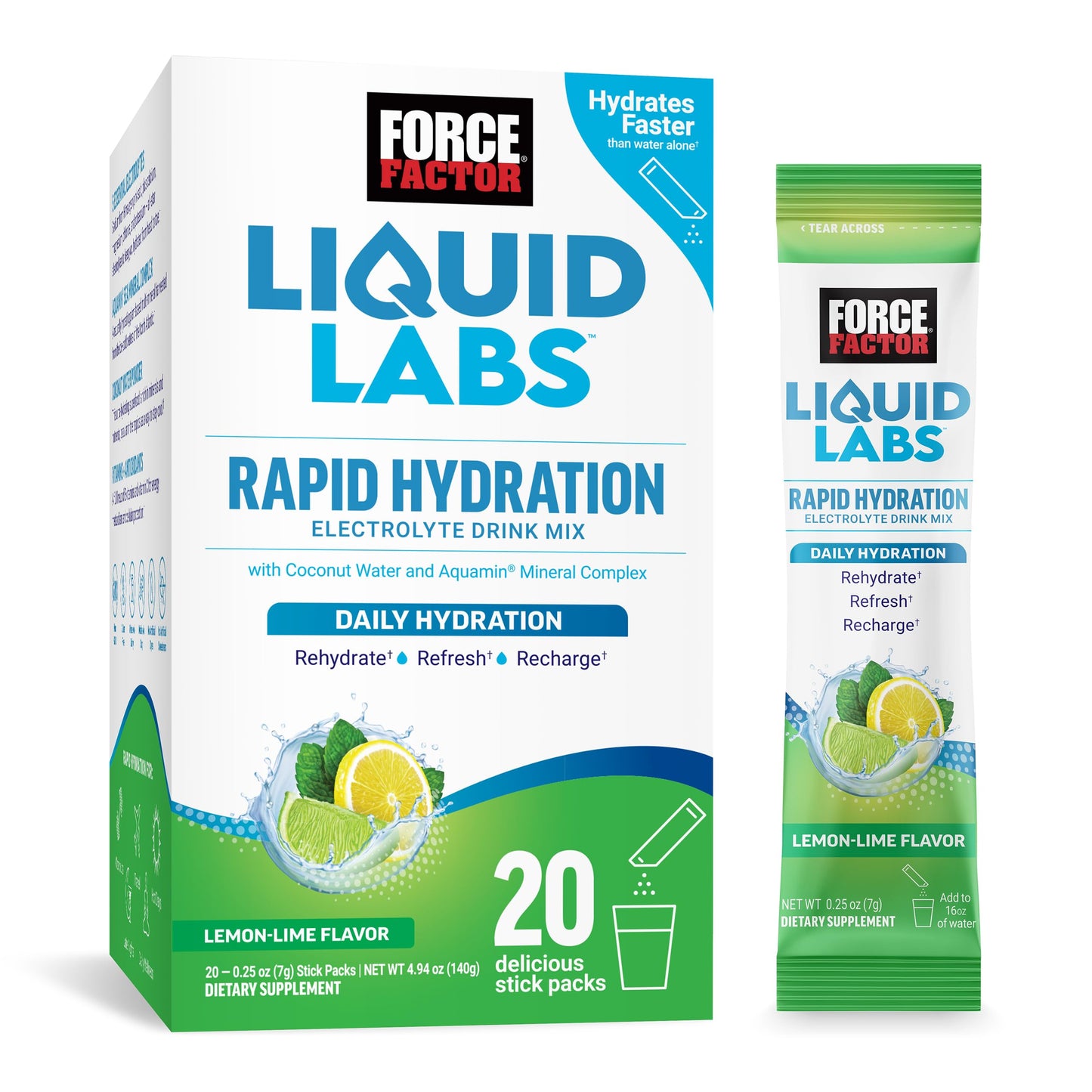 FORCE FACTOR Liquid Labs Electrolytes Powder Packets-Lemon Lime-Hydration Packets to Make Electrolyte Water with 5 Essential Electrolytes, Vitamins, Minerals, and Antioxidants, 20 Stick Packs