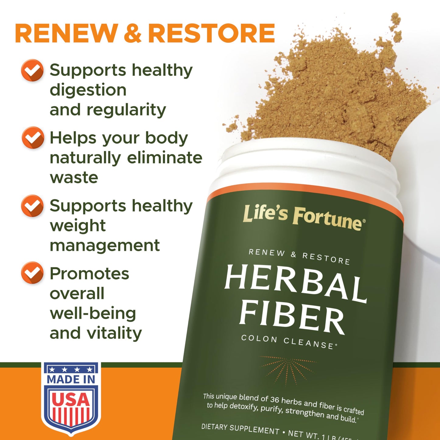Life's Fortune Organic 100% Natural Herbal Fiber Unflavored Powder Gut Health Drink Supplement with Apple Fiber, Non-GMO, Soy & Gluten-Free, 455g (50 Servings)