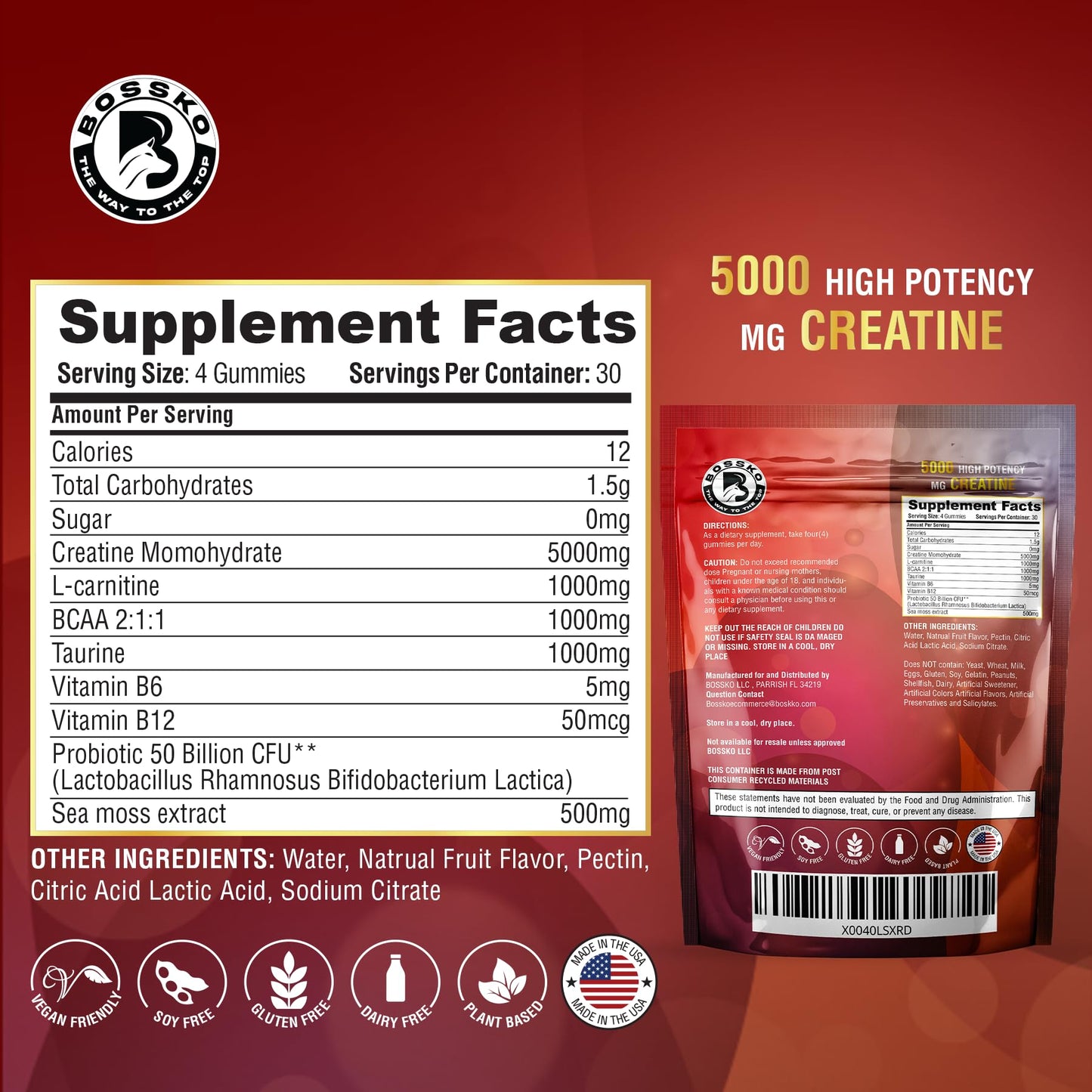 (9g) Creatine Monohydrate Gummies Complex with BCAA - L-Taurine L-Carnitine- B12 Probiotics Pre Workout Chewables Gummies for Men & Women for Muscle Strength Builder | Vegan Non-GMO