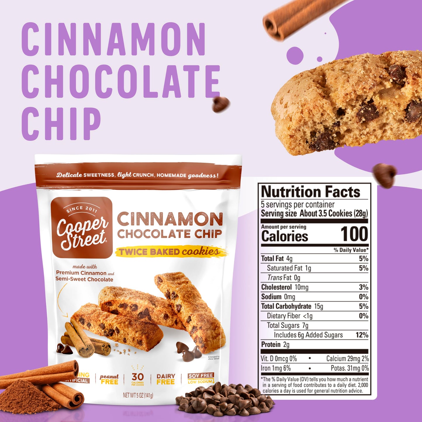 Cooper Street Italian Biscotti Cookies Twice Baked Biscotti Style Cookie Biscuits in Delicious Cinnamon Chocolate Chip Crispy Light and Healthy Cookies Peanut Dairy Free 5oz 1 Pack