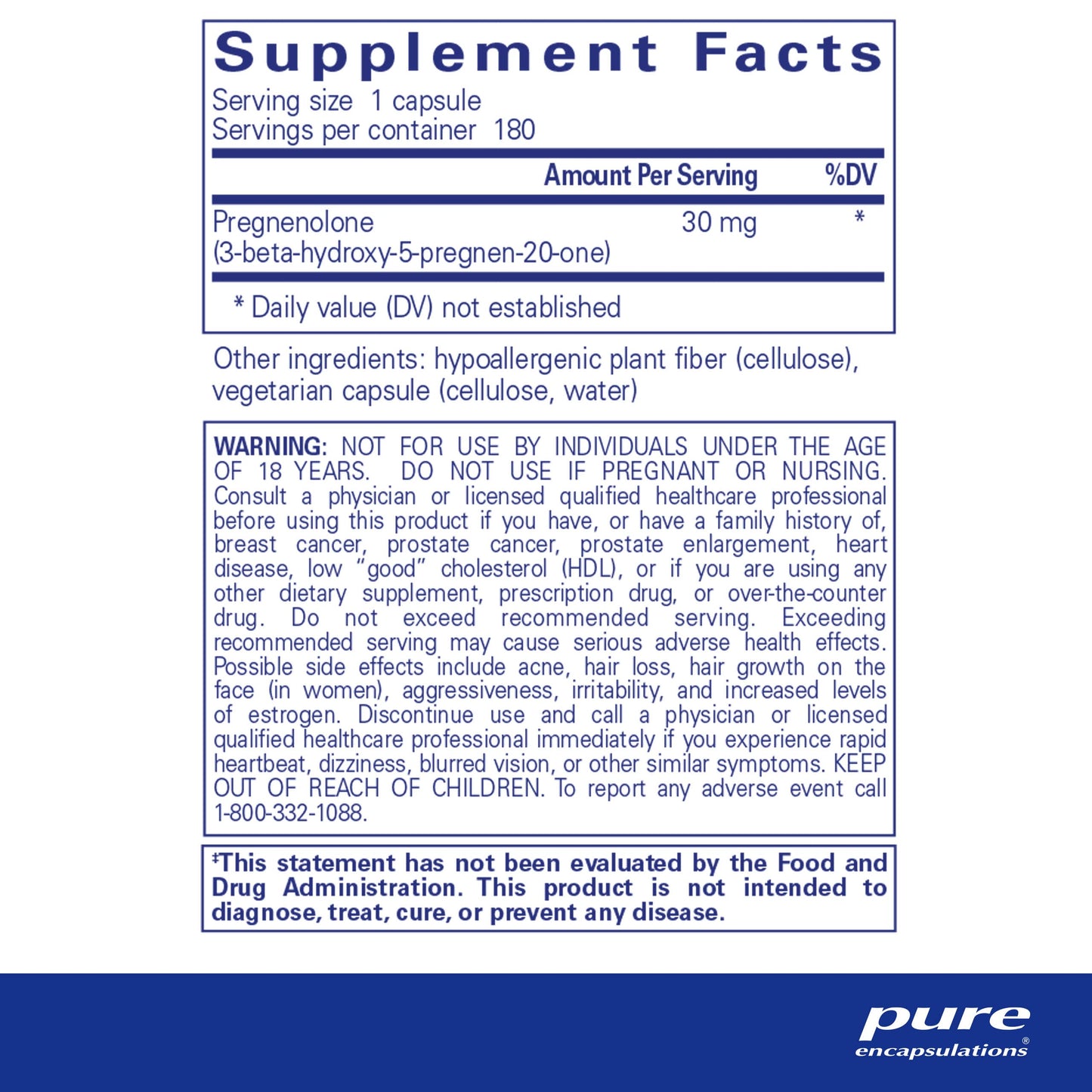 Pure Encapsulations Pregnenolone - 30 mg - Hormone Support - Memory Support & Brain Supplement - Gluten Free & Vegan - 180 Capsules