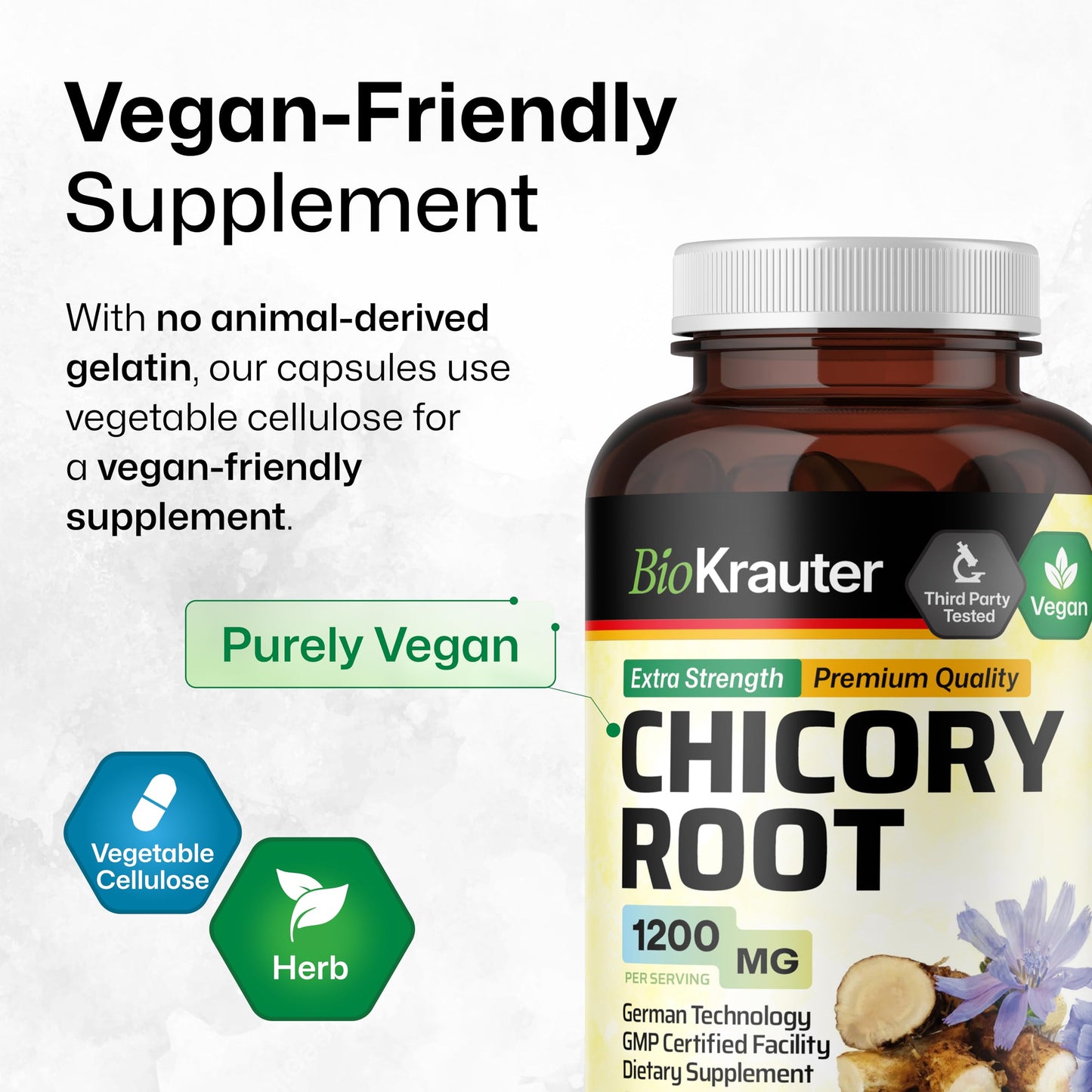 BIO KRAUTER Chicory Fiber Supplement - 1200 mg Strength - 250 Count - Chicory Root Powder - Inulin Capsules for Digestive Support - Vegan