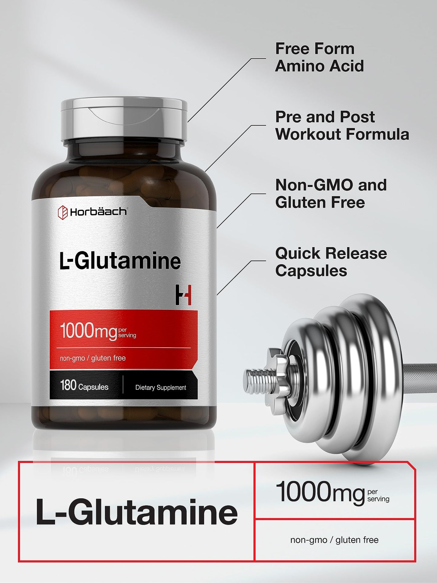 Horbaach L Glutamine Capsules 1000mg | 180 Powder Pills | Supplement for Women and Men | Pre Workout & Post Workout | Non-GMO & Gluten Free