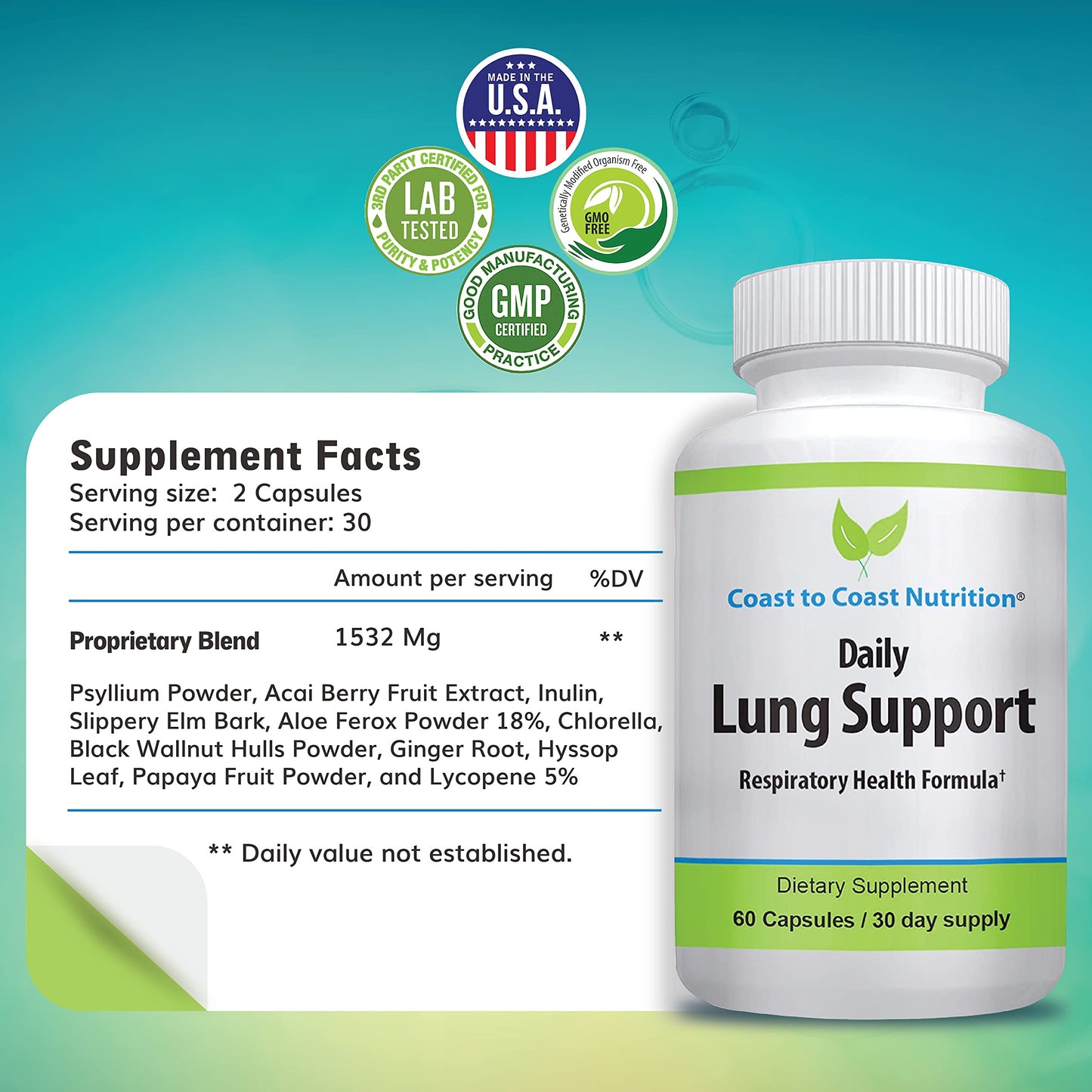 Daily Lung Cleanser & Detox Support Supplement | Refresh Your Lungs to Breath Easier | Relieve Respiratory Problems & Address Problems Like Allergies, Wheezing and Coughing | 60 Capsules