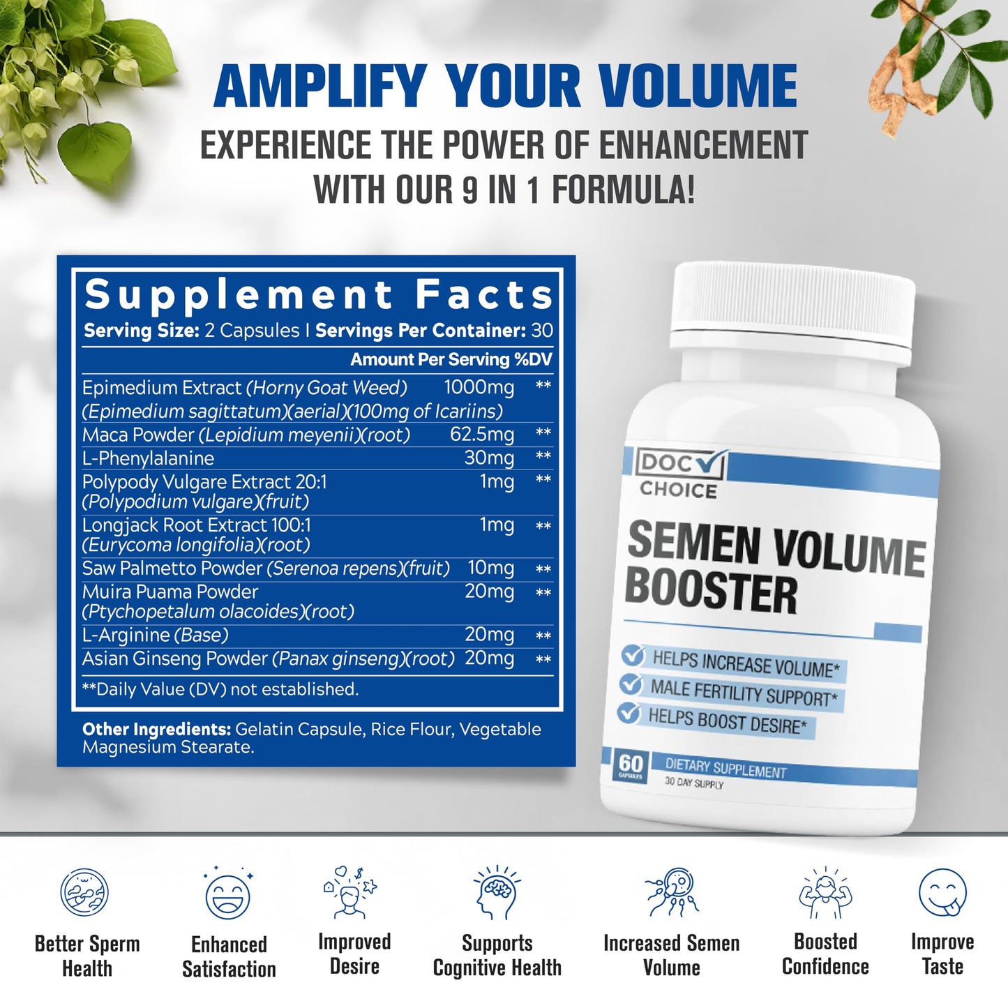 Doc Choice Semen Volume Booster | Fully Dosed Load Enhancing Supplement for Men | Increase Desire, Blood Flow, Volume & Size | 9 Ultra Ingredients for Fast Results | 3 Party Tested - 60 Caps