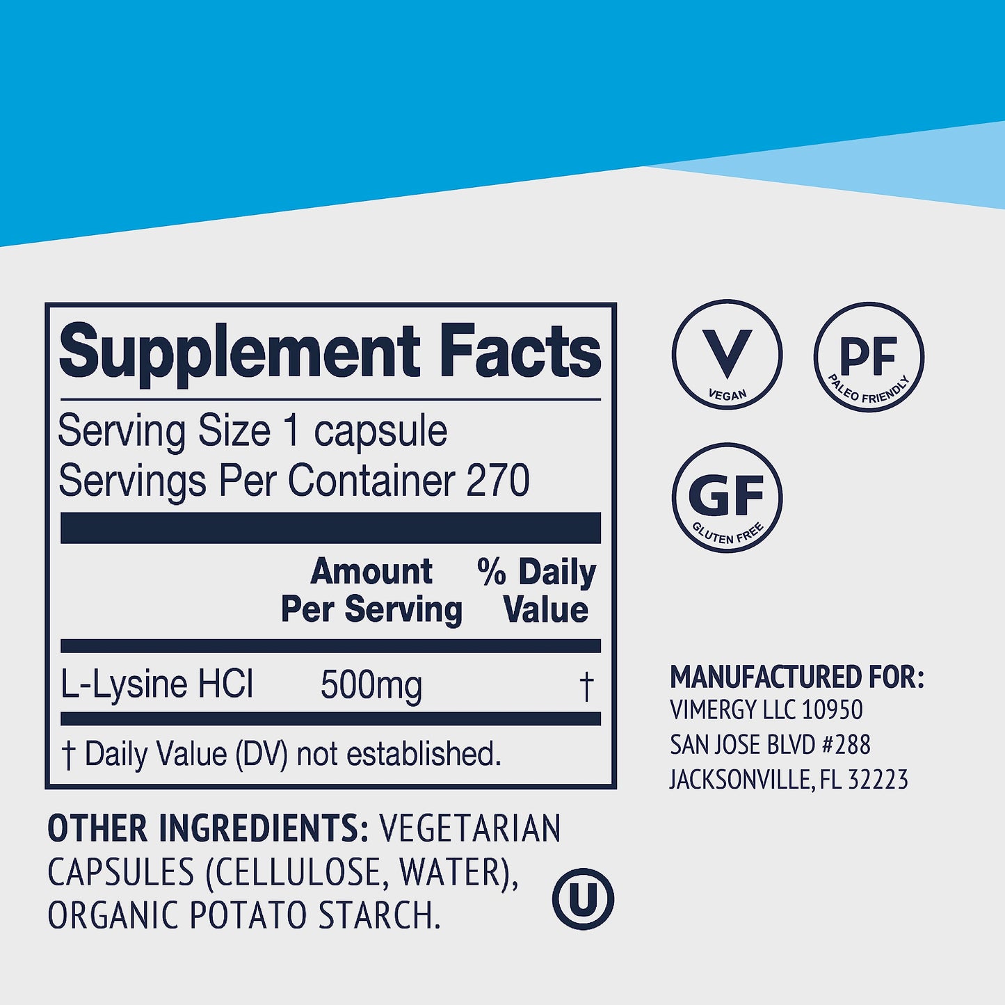 Vimergy L-Lysine - Promotes Healthy Skin, Hair, Nails & Joints* - Supports Healthy Metabolism* - Vegan, Non-GMO & Gluten-Free - 270 Capsules