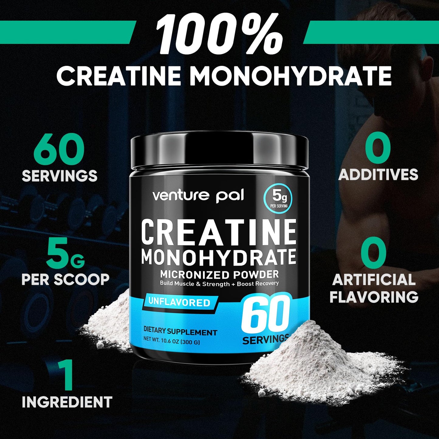 Venture Pal Micronized Creatine Powder - Unflavored, 5g per Serving, 60 Servings, Muscle & Energy Support for Men & Women, 10.6oz