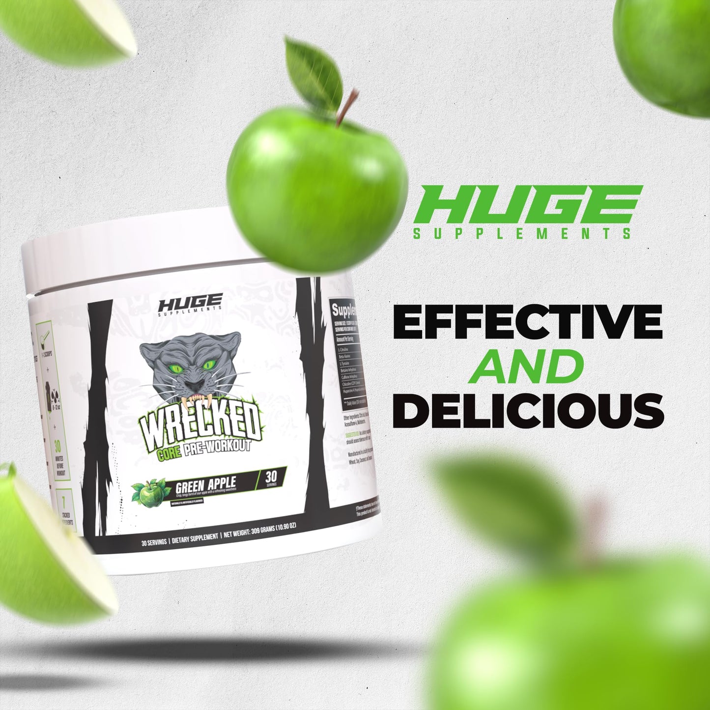 Wrecked Core - All-in-One Pre-Workout Supplement for Men & Women, Increase Energy, Focus & Pumps with L-Citrulline, Beta-Alanine, L-Tyrosine & More (30 Servings) - Green Apple