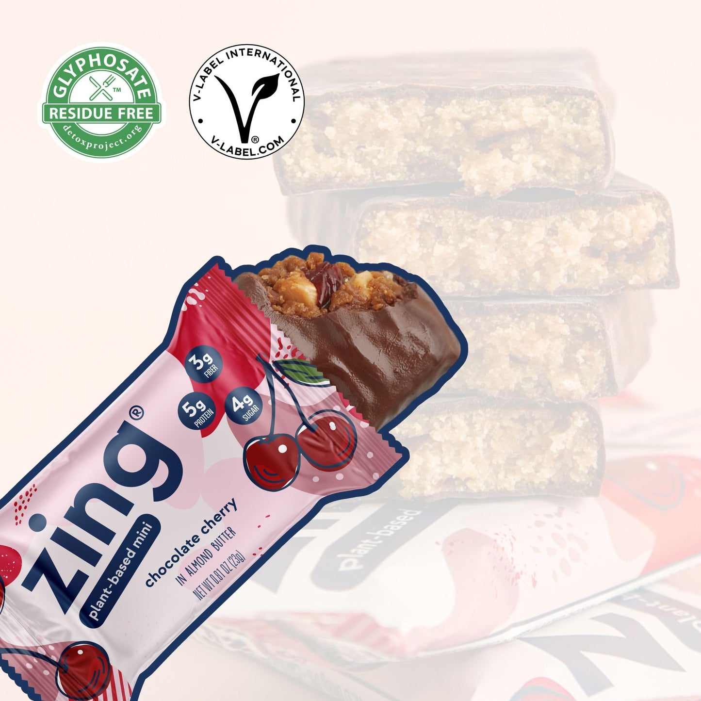 Zing Dark Chocolate Cherry Kids Protein Bars, Gluten Free 100 Calorie Mini Bars with High Protein, Vegan Nutrition Bars, Dairy Free Plant Based, Kosher, Low Sugar, No Sugar Alcohols - 18 count