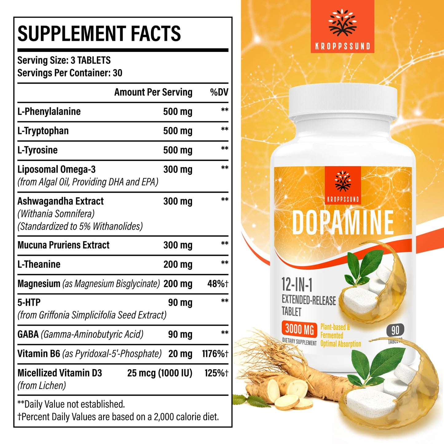 Kroppssund Natural Dopamine Supplement - 90 Tablets (1 Bottle)