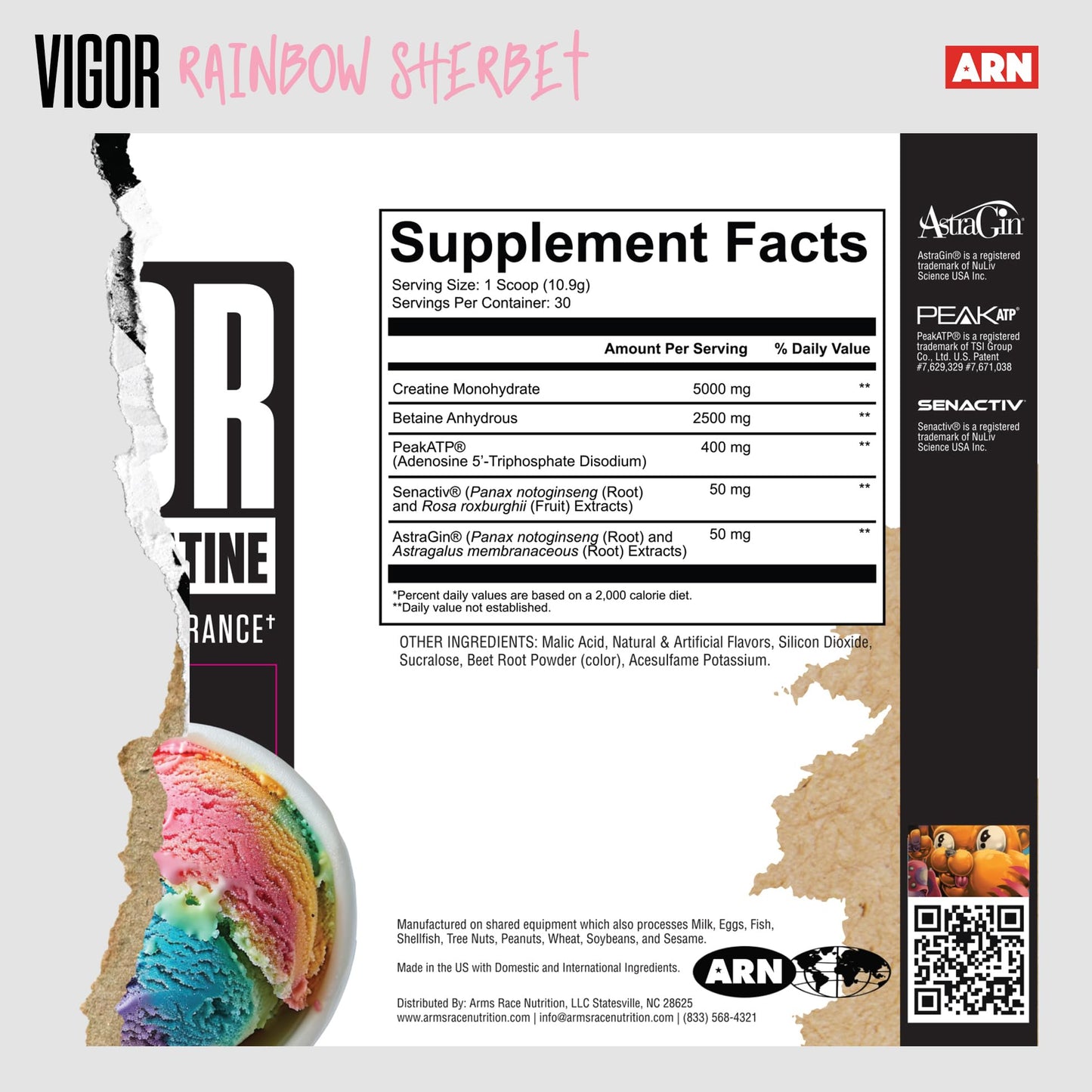Arms Race Nutrition | ARN | Vigor Advanced Creatine Formula (30 Servings, Rainbow Sherbet)