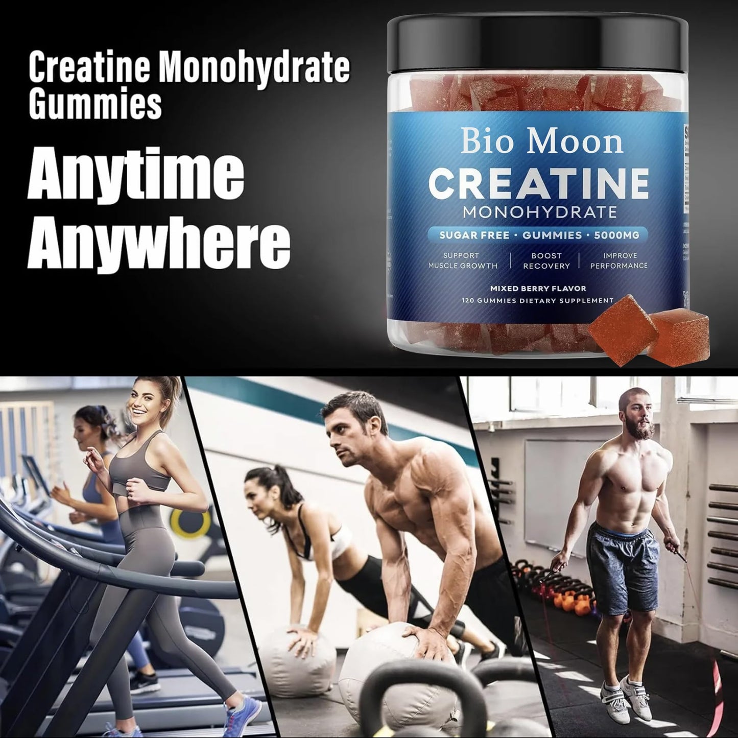 Bio Moon Creatine Monohydrate Gummies 5000mg for Men & Women, Chewables Creatine Monohydrate for Muscle Strength, Energy Boost, Pre-Workout Supplement(120 Count)- Mixed Berries Flavour