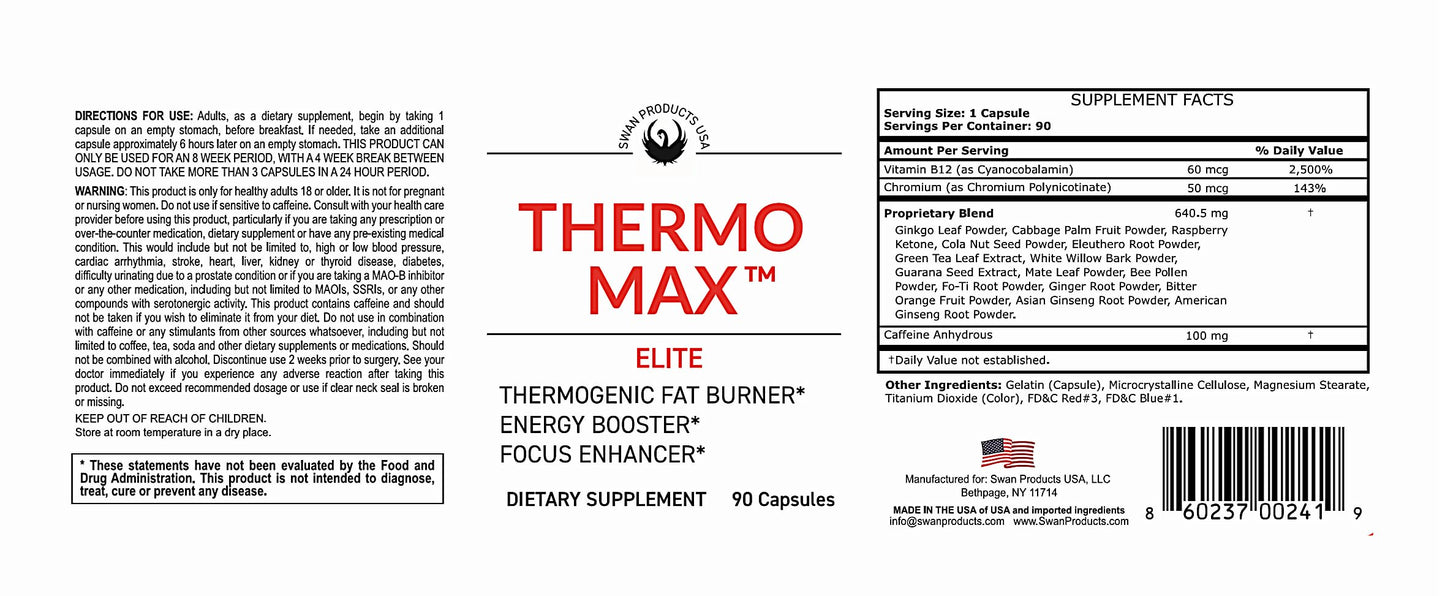 Thermo Max Elite - Thermogenic Fat Burner, Extreme Energy Boosters, Weight Loss, 90 Diet Pills