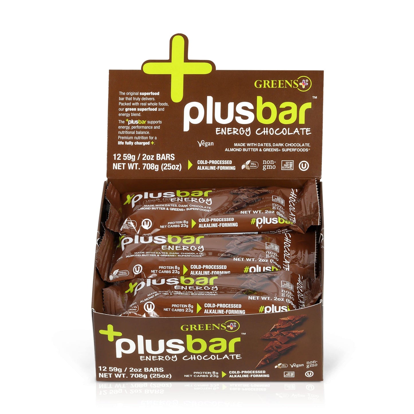 Greens Plusbar Energy Bars Chocolate Gluten Free Healthy Snacks with Organic Super Greens Superfoods Dark Chocolate Vegan Dairy Free Non GMO 8g Protein Meal Replacement Bars 12 Bars