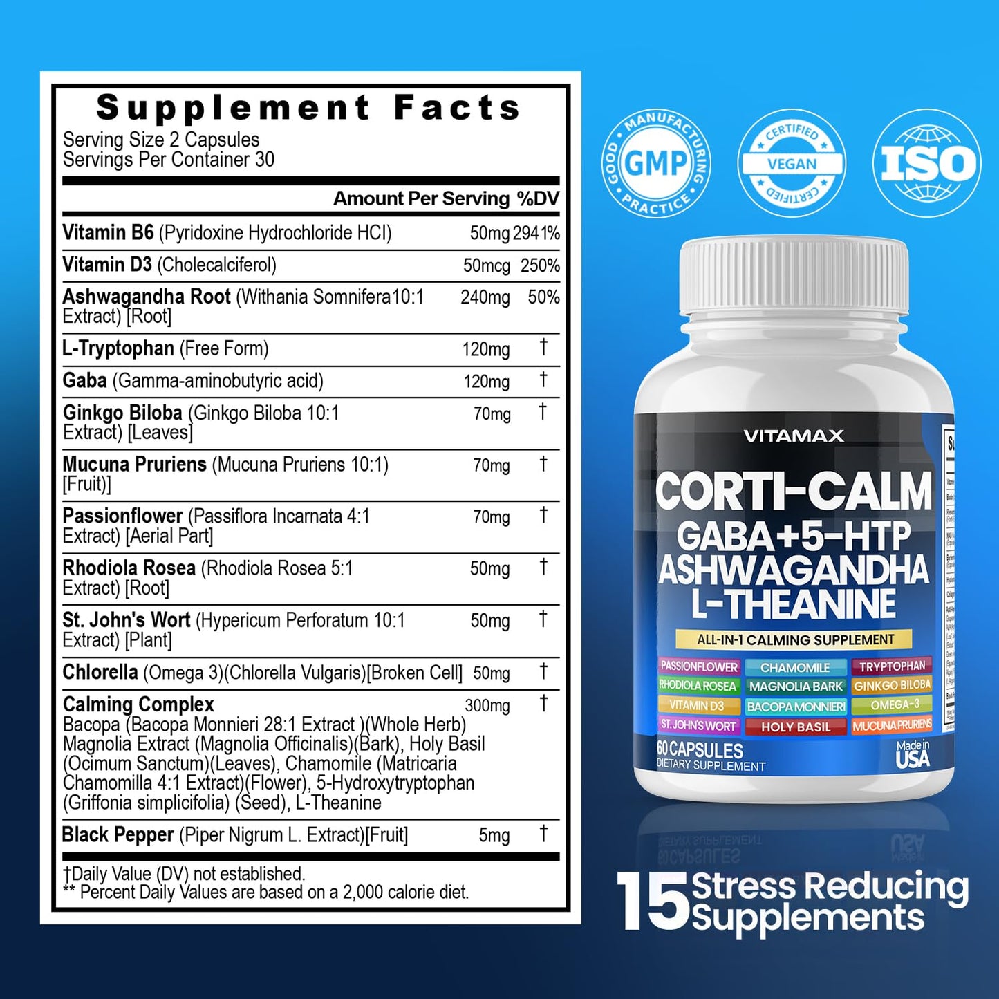 Corti-Calm Cortisol Supplement, L Theanine, Ashwagandha, Vitamin D 3, GABA for Relaxation, Fatigue & Focus with Ginkgo Biloba, Bacopa Monnieri, 5-HTP - Non-GMO, Made in USA - 60ct