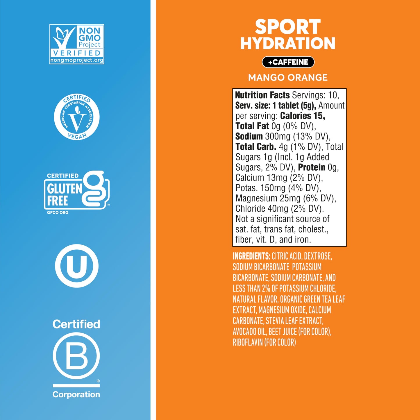 Nuun Sport Electrolyte Tablets with Caffeine from Green Tea Extract, Magnesium, Calcium, Potassium, Chloride & Sodium, Gluten Free & Vegan, Mango Orange, 8 Pack (80 Servings Total)