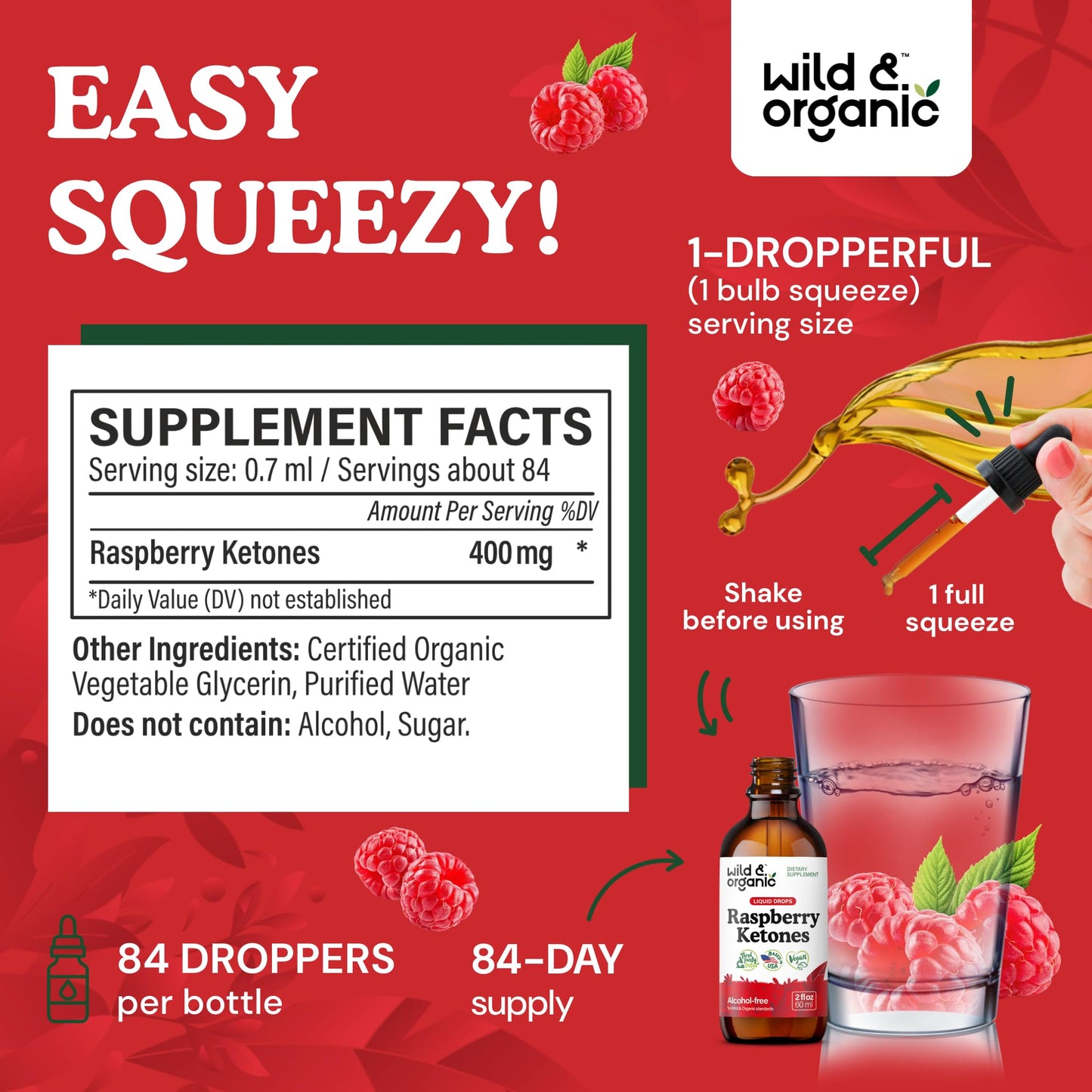 Wild & Organic Raspberry Ketones Extract Tincture - Liquid Raspberry Ketones Supplement - 2-Month Supply - Vegan, Sugar & Alcohol-Free - 2 fl oz