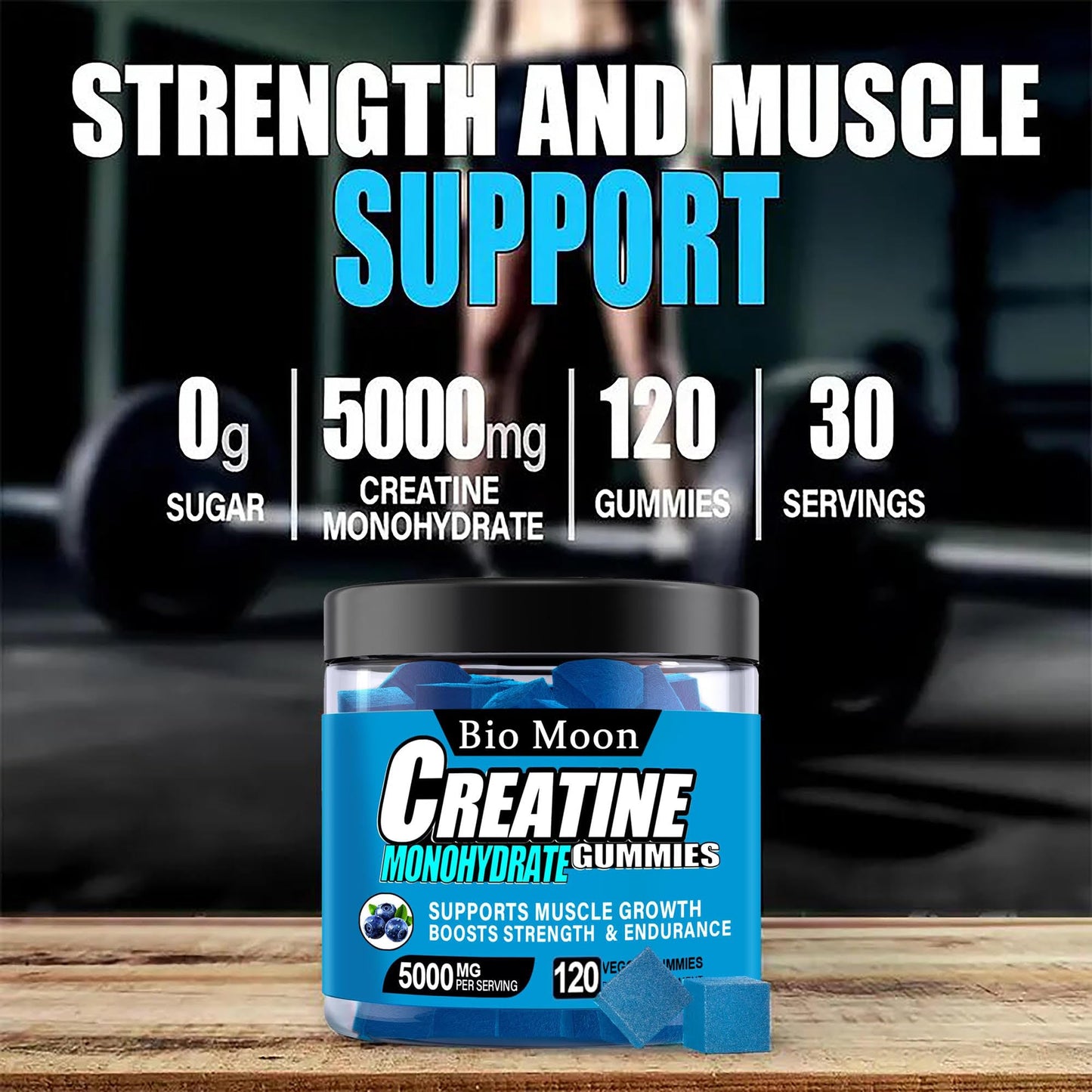 Bio Moon Creatine Monohydrate Gummies 5000mg for Men & Women, Chewables Creatine Monohydrate for Muscle Strength, Muscle Builder, Energy Boost, Pre-Workout Supplement(120 Count)- Blueberry Flavour