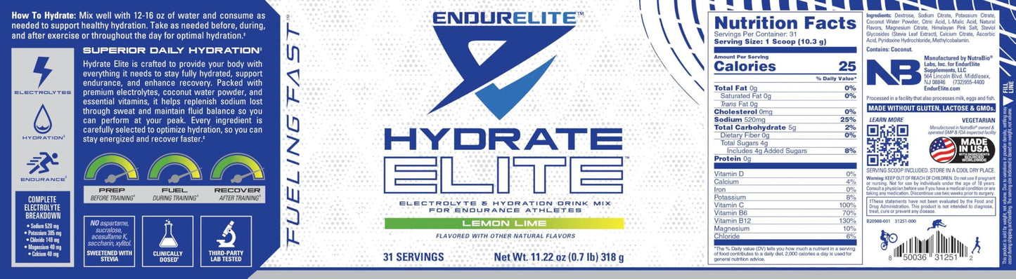 EndurElite Hydrate Elite- Hydration and Electrolyte Powder Mix- Hydration for Men and Women- Lemon Lime- 31 Servings