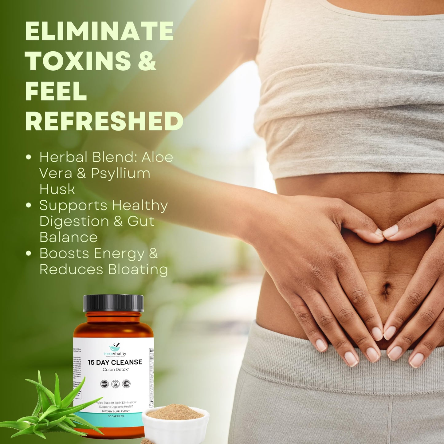 Herb Vitality 15-Day Colon Cleanse for Gut Health - Probiotics for Men & Women, Candida Cleanse, Aloe Vera, Licorice Root, Psyllium Husk - Supports Digestive & Immune Health, Detox & Kidney Cleanse