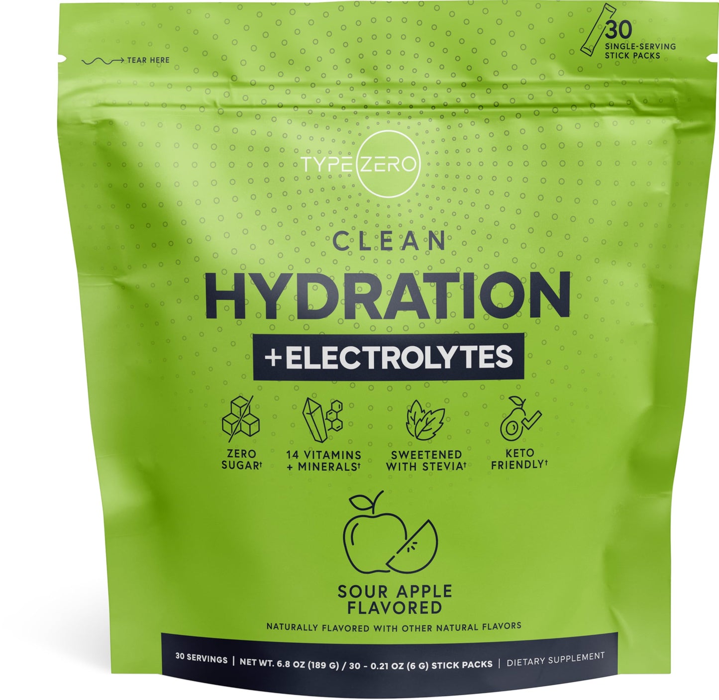 Type Zero Clean Hydration + Electrolytes Drink Mix (30 Single-Serving Packets) (Sour Apple Flavored) - Advanced Hydration for Any Occasion