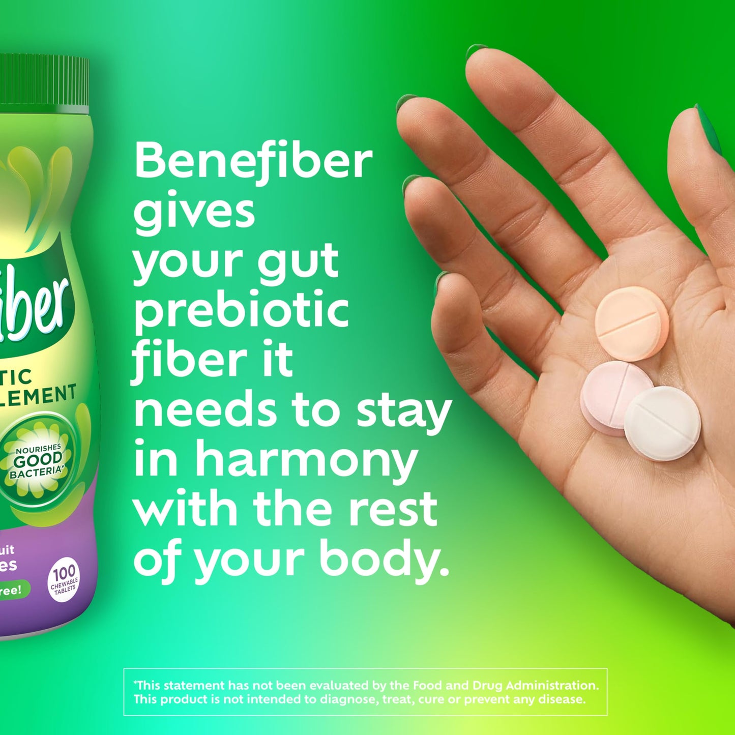Benefiber Chewable Prebiotic Fiber Supplement Tablets for Digestive Health, Assorted Fruit Flavors - 100 Count