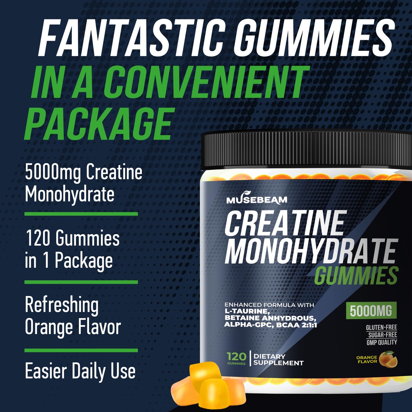 musebeam Creatine Monohydrate 5000mg Supplement Gummies - with L-Taurine Betaine Anhydrous Alpha-GPC BCAA 2:1:1 - Sugar-Free Gluten Free for Men Women