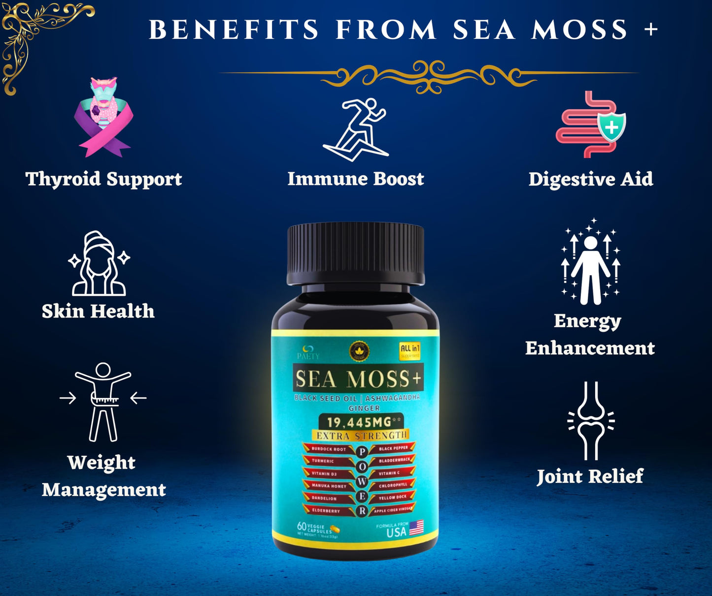 PAETY Premium Sea Moss 7000mg with Black Seed Oil, Ashwagandha, Turmeric, Elderberry, Bladderwrack, Ginger, Manuka, Vitamins C & D3, ACV