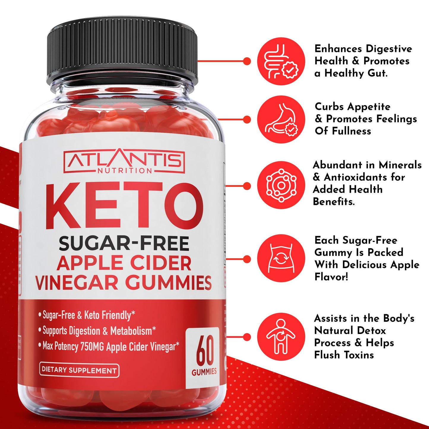 Atlantis Nutrition Sugar-Free Keto ACV Gummies for Weight Loss - Apple Cider Vinegar Gummies Formulated with 750MG ACV Per Serving - Supports Digestion, Weight Loss, Detox & Cleansing - 60 Count