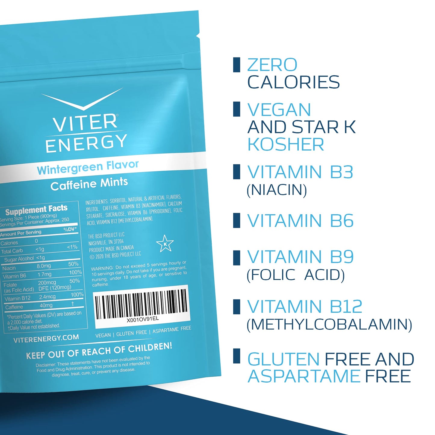 Viter Energy 40mg Caffeine Mints - Sugar Free, B Vitamins, Vegan, Boosts Fast Energized Alert Focus, Caffeinated Nootropic Supplement Pills (Wintergreen Flavor, 8oz, Bulk Bag)
