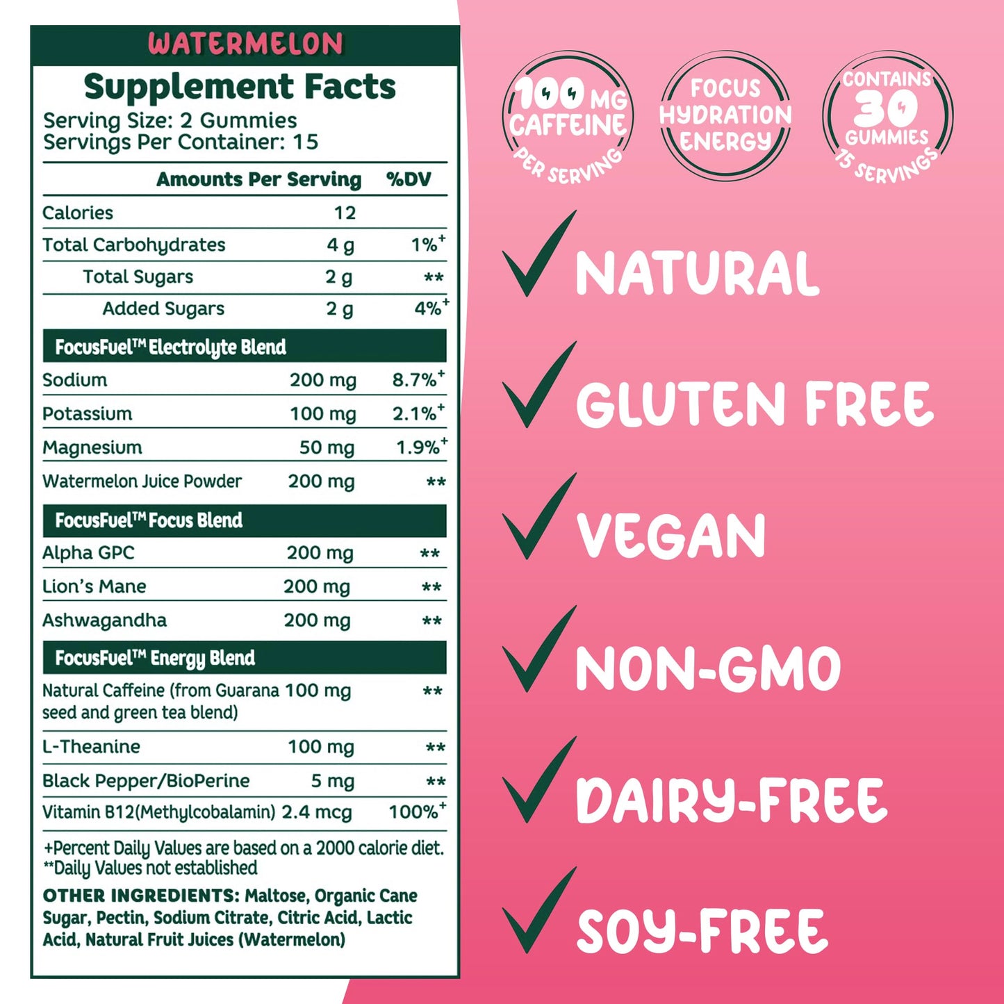 FocusFuel Energy + Focus Gummy, 100mg Caffeine per 2 Gummies, Includes B12, Magnesium, Electrolytes, All-Natural Ingredients for On-The-Go, No Jitters or Crash (Watermelon Flavor - 30 Chews, 3.17oz)