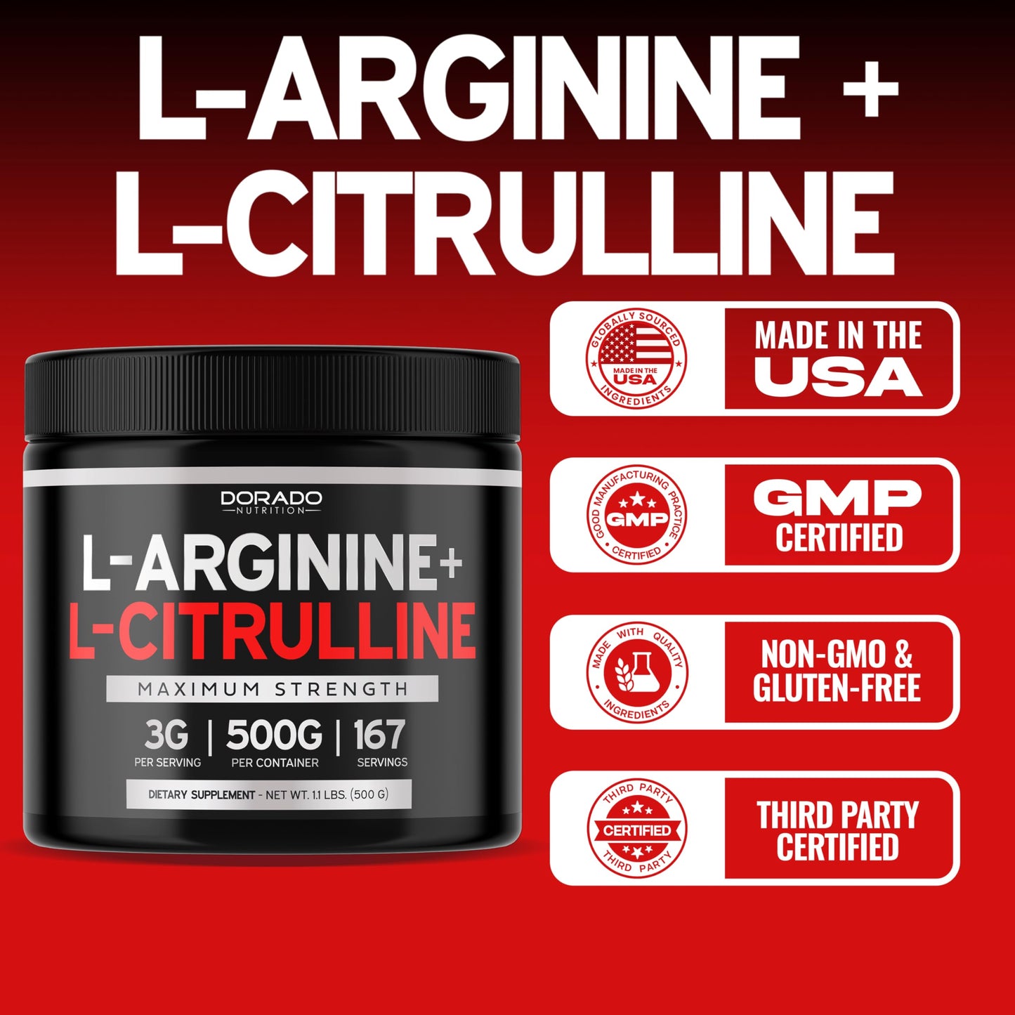 L Arginine L Citrulline Supplement Powder (3g) Nitric Oxide Booster Powder - L-Citrulline Supplements for Men & Women - Stamina, Performance & Endurance for Workouts - Vegan Safe & USA Made