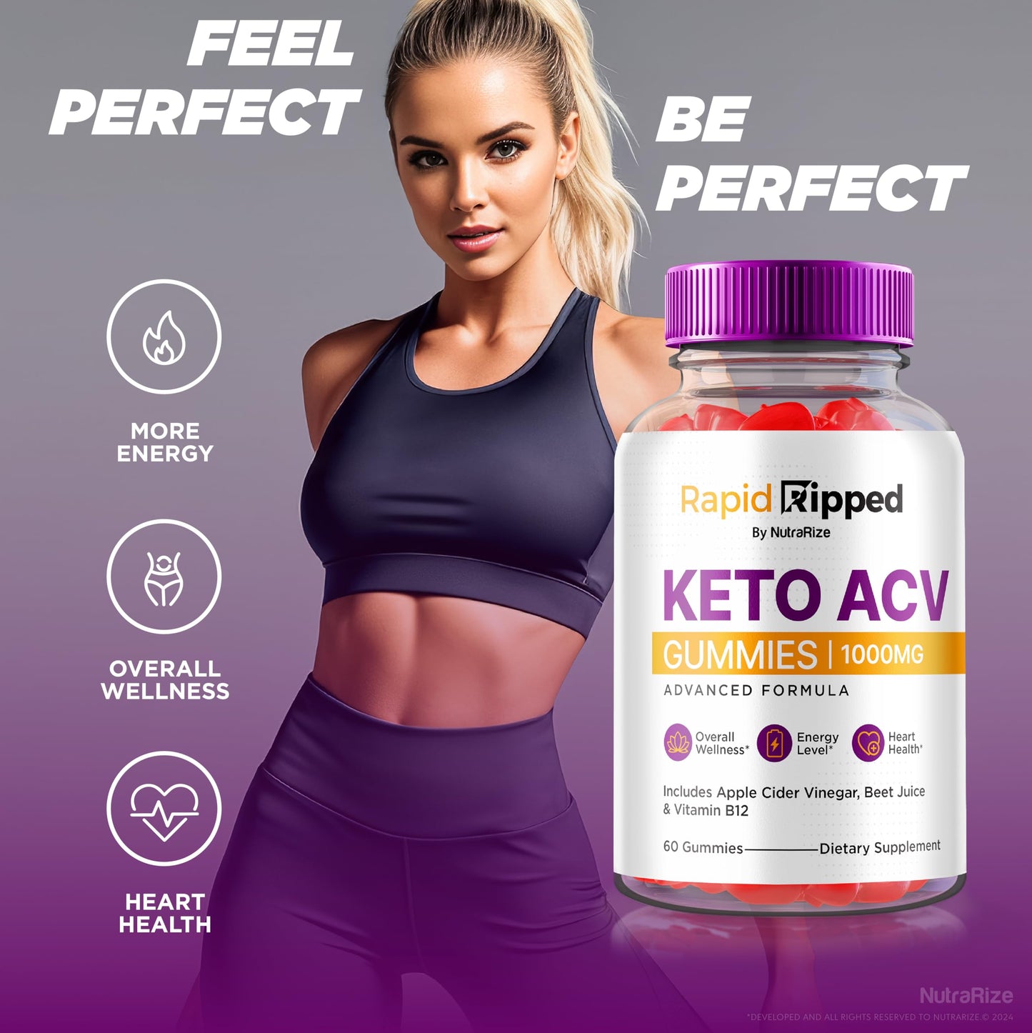 NutraRize Rapid Ripped Keto ACV Gummies, Keto + ACV 1000 MG, All Natural Apple Cider Vinegar Gummy Pills, Maximum Strength Keto Vitamins Plus ACV, Reviews (60 Gummies)