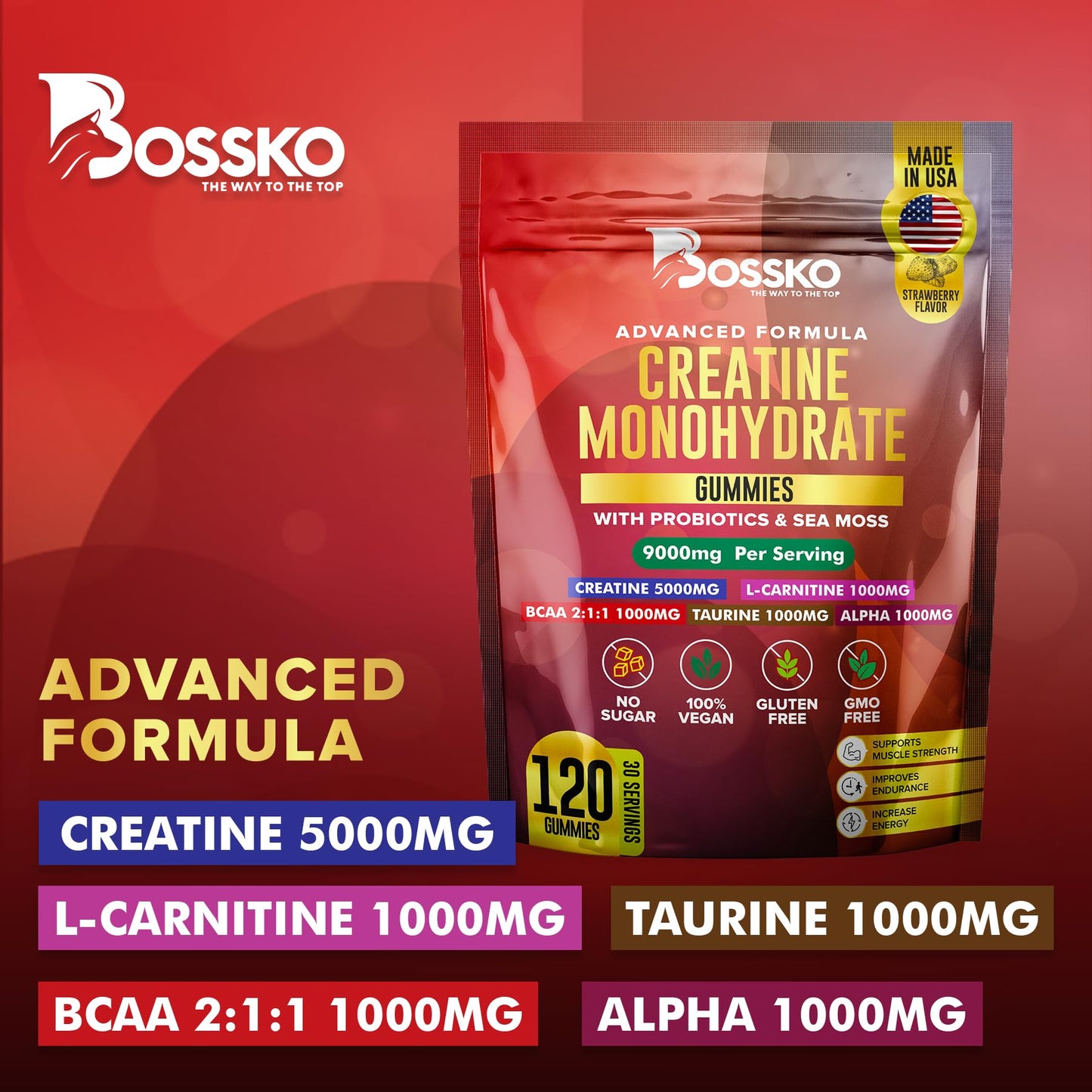 (9g) Creatine Monohydrate Gummies Complex with BCAA - L-Taurine L-Carnitine- B12 Probiotics Pre Workout Chewables Gummies for Men & Women for Muscle Strength Builder | Vegan Non-GMO
