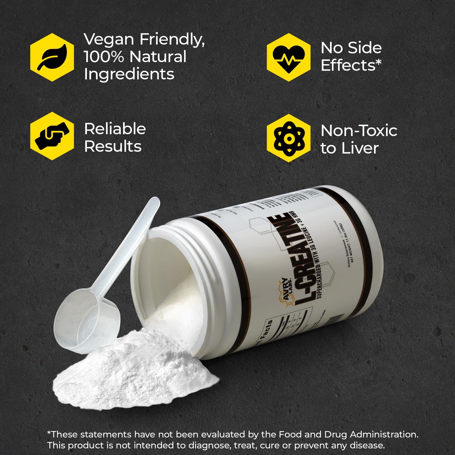 Avry Labs L-CREATINE Supplement: Creatine Monohydrate w/Leucine Amino Acid and HMB - Supports Muscle Mass, Strength, Recovery & Performance + Reduce Fat - Vegan, 11oz (330g) Powder