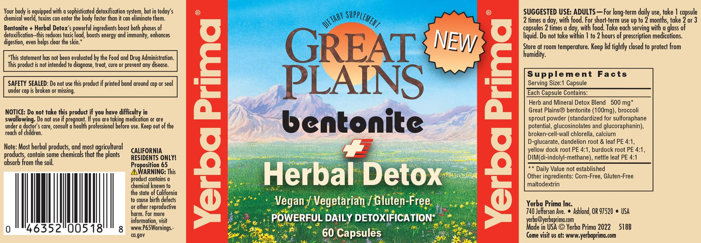 Yerba Prima Bentonite Clay Plus Herbal Detox - 60 Veggie Capsules - Natural Cleansing Supplement