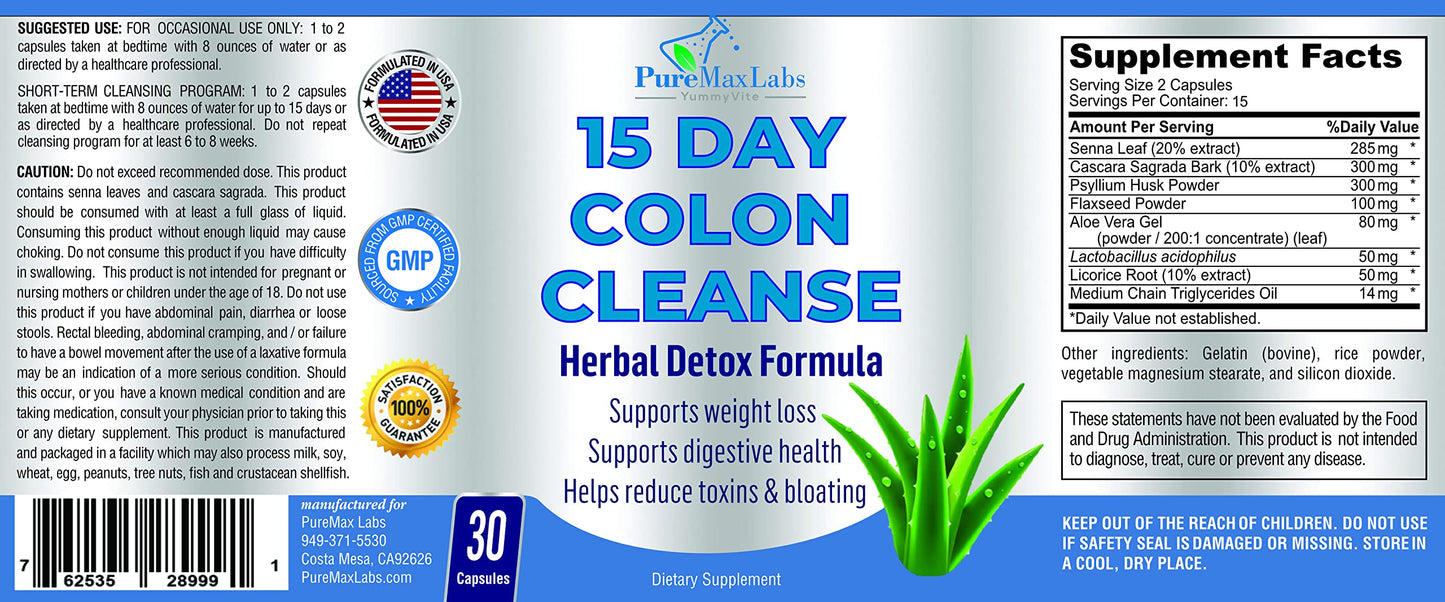 YUMMYVITE 15 Day Colon Cleanse and Detox, Herbal Detox Formula, Supports Weight Loss, Constipation Relief - Boosts Energy. Flush Toxins, Natural Safe Colon Cleanser for Men and Women - 30 Capsules