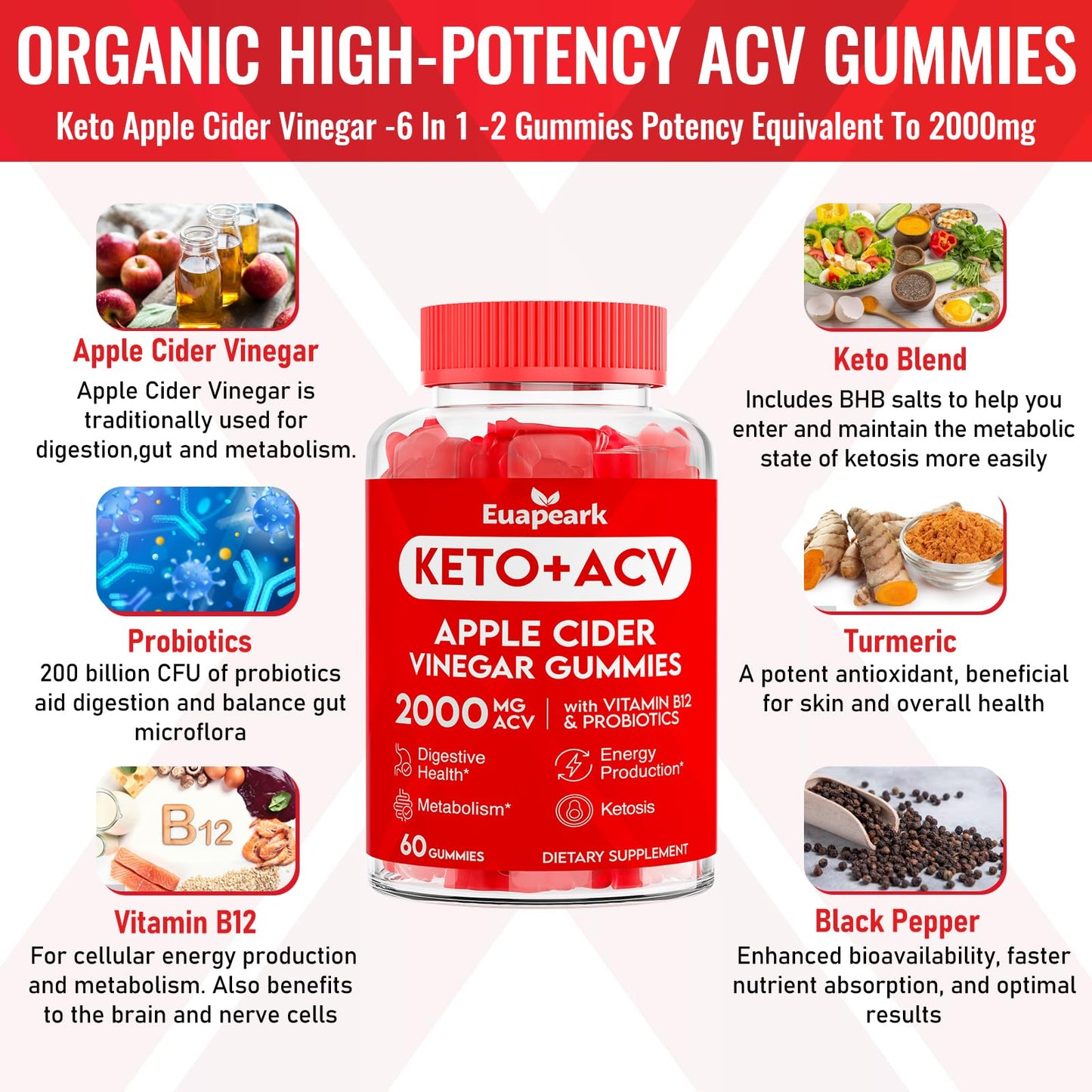 Apple Cider Vinegar Gummies, Keto ACV Gummies with Probiotics, Vitamin B12 & Keto Support, 2000 mg ACV with Mother for Digestion, Metabolism, Cleanse & Detox Diet, Vegan, Low Sugar, 120 Counts