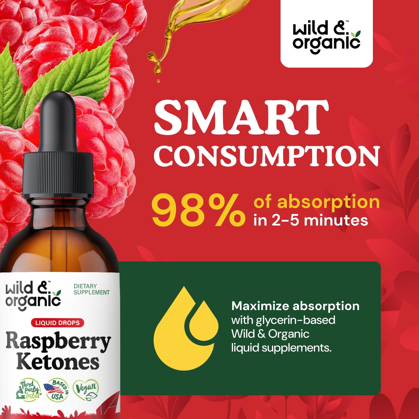 Wild & Organic Raspberry Ketones Extract Tincture - Liquid Raspberry Ketones Supplement - 2-Month Supply - Vegan, Sugar & Alcohol-Free - 2 fl oz