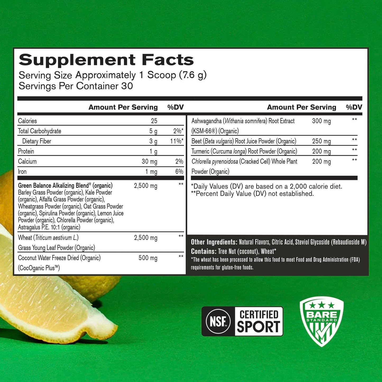 BARE PERFORMANCE NUTRITION, BPN Strong Greens Superfood Powder, Lemon, 30 Servings